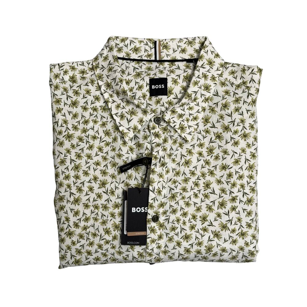 Boss Shirt Men's 4XL Big & Tall Short Slv Stretch Linen Shirt Green Floral NEW